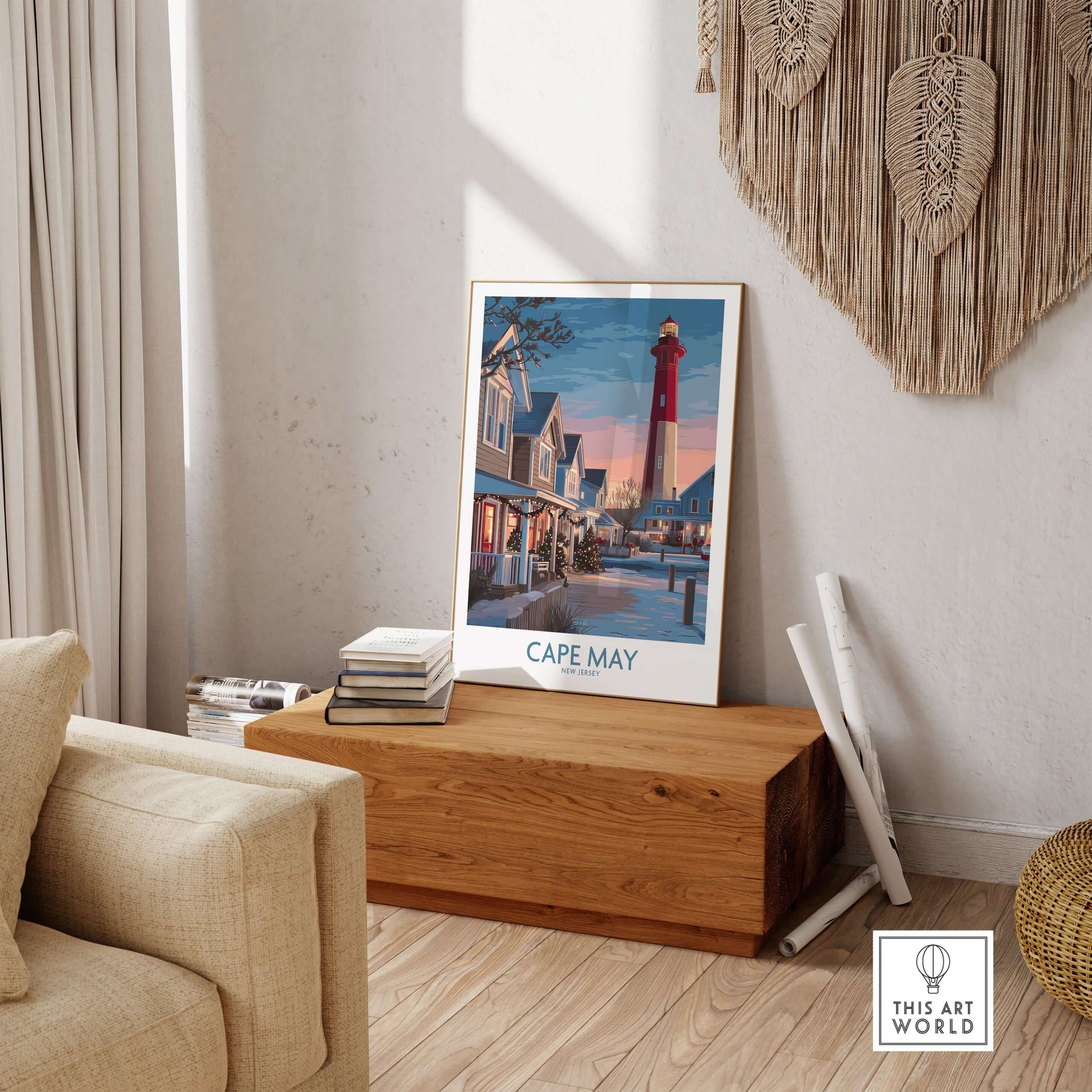 Cape May Christmas Lights New Jersey Poster displayed in a cozy living room setting.