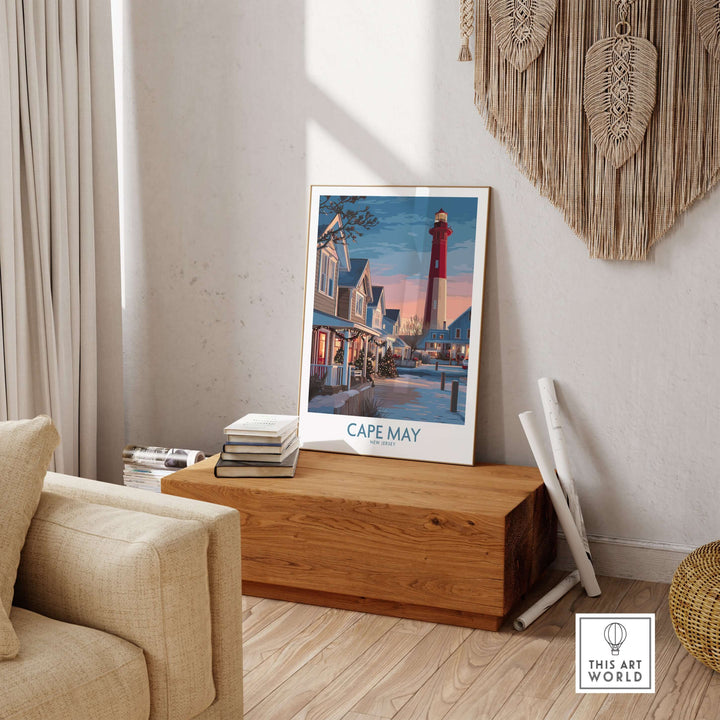 Cape May Christmas Lights poster displayed in a cozy living room, showcasing festive holiday spirit.