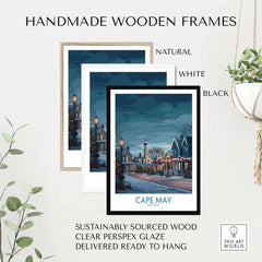 Cape May Christmas Lights Poster - Snowy Seaside Decor displayed in handmade wooden frames in natural, white, and black.