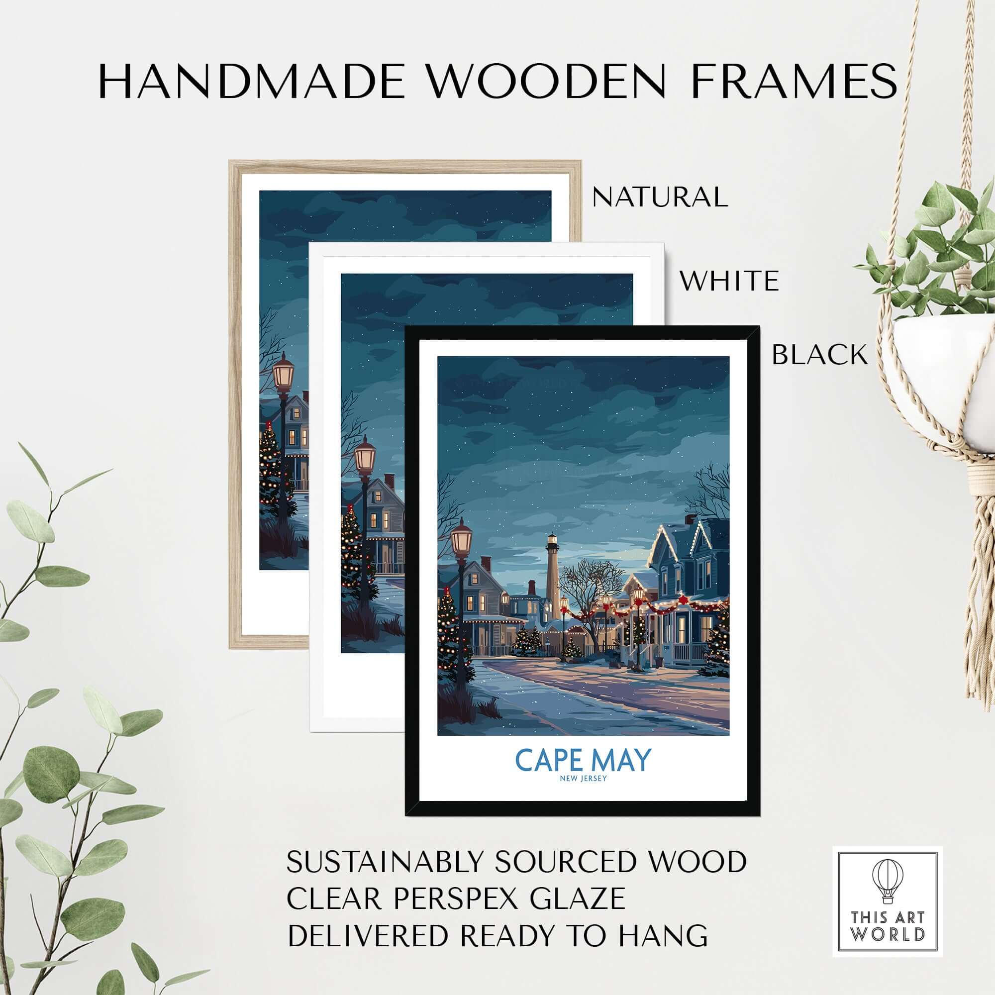 Cape May Christmas Lights Poster - Snowy Seaside Decor displayed in handmade wooden frames in natural, white, and black.