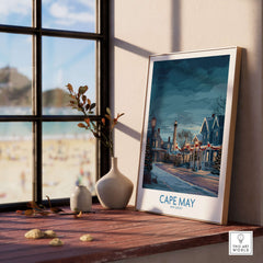 Cape May Christmas Lights Poster - Snowy Seaside Decor featuring a festive coastal scene by a window.