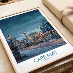Cape May Christmas Lights Poster - Snowy Seaside Decor showcasing a snowy scene with holiday lights in Cape May, New Jersey.