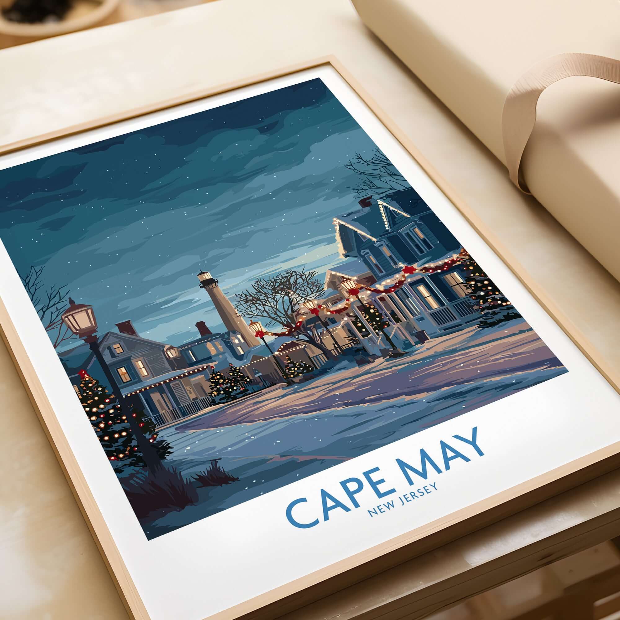 Cape May Christmas Lights Poster - Snowy Seaside Decor showcasing a snowy scene with holiday lights in Cape May, New Jersey.