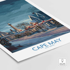 Cape May Christmas Lights Poster - Snowy Seaside Decor showcasing a snowy beachside scene with festive holiday lights.