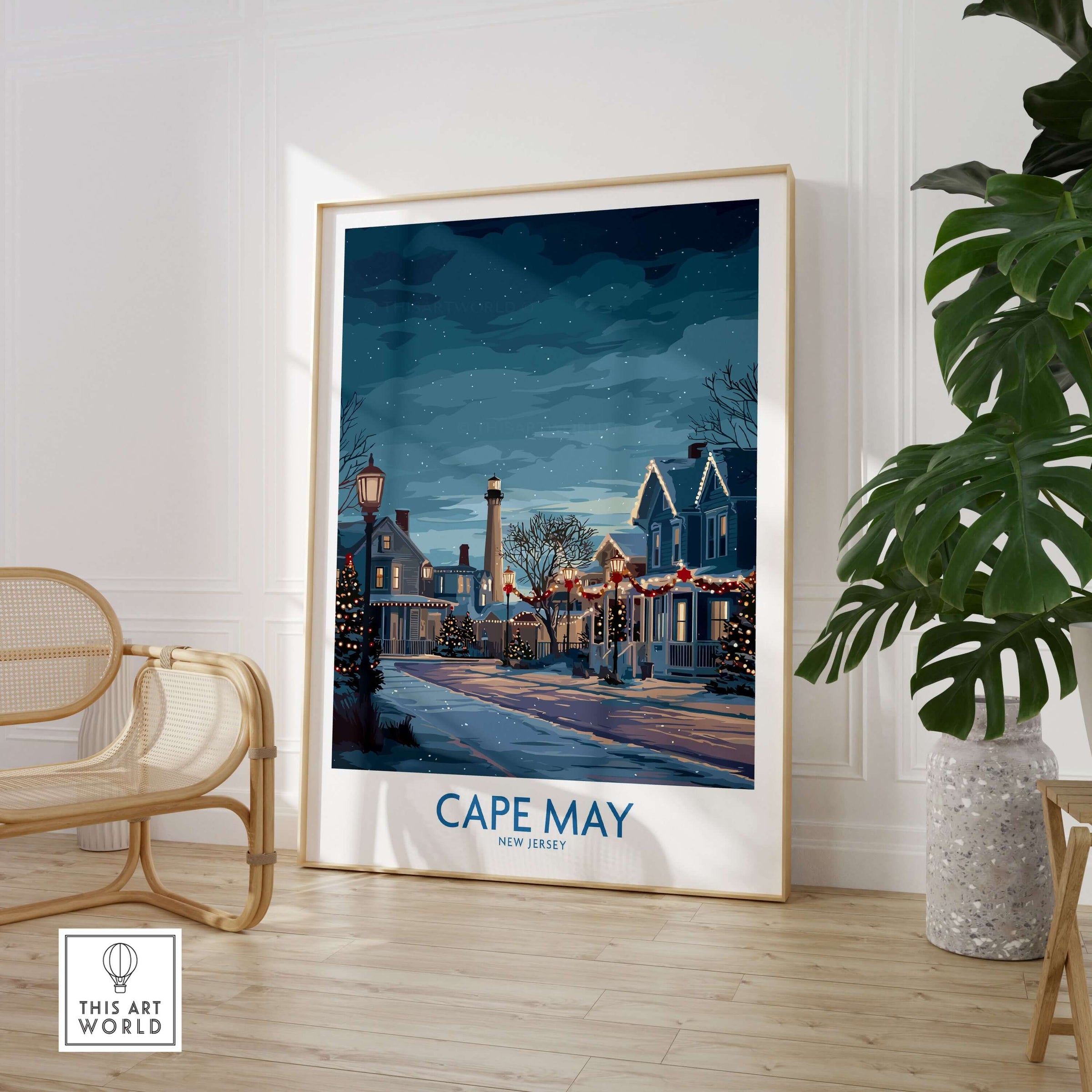 Cape May Christmas Lights Poster - Snowy Seaside Decor showcasing a snowy street adorned with festive lights.