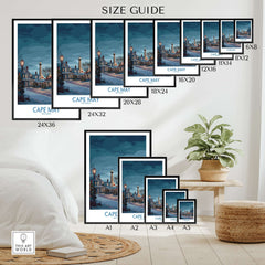 Cape May Christmas Lights Poster - Snowy Seaside Decor size guide with various frame sizes and display options.
