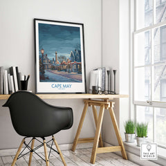 Cape May Christmas Lights Poster - Snowy Seaside Decor displayed in a stylish home office, enhancing winter decor.