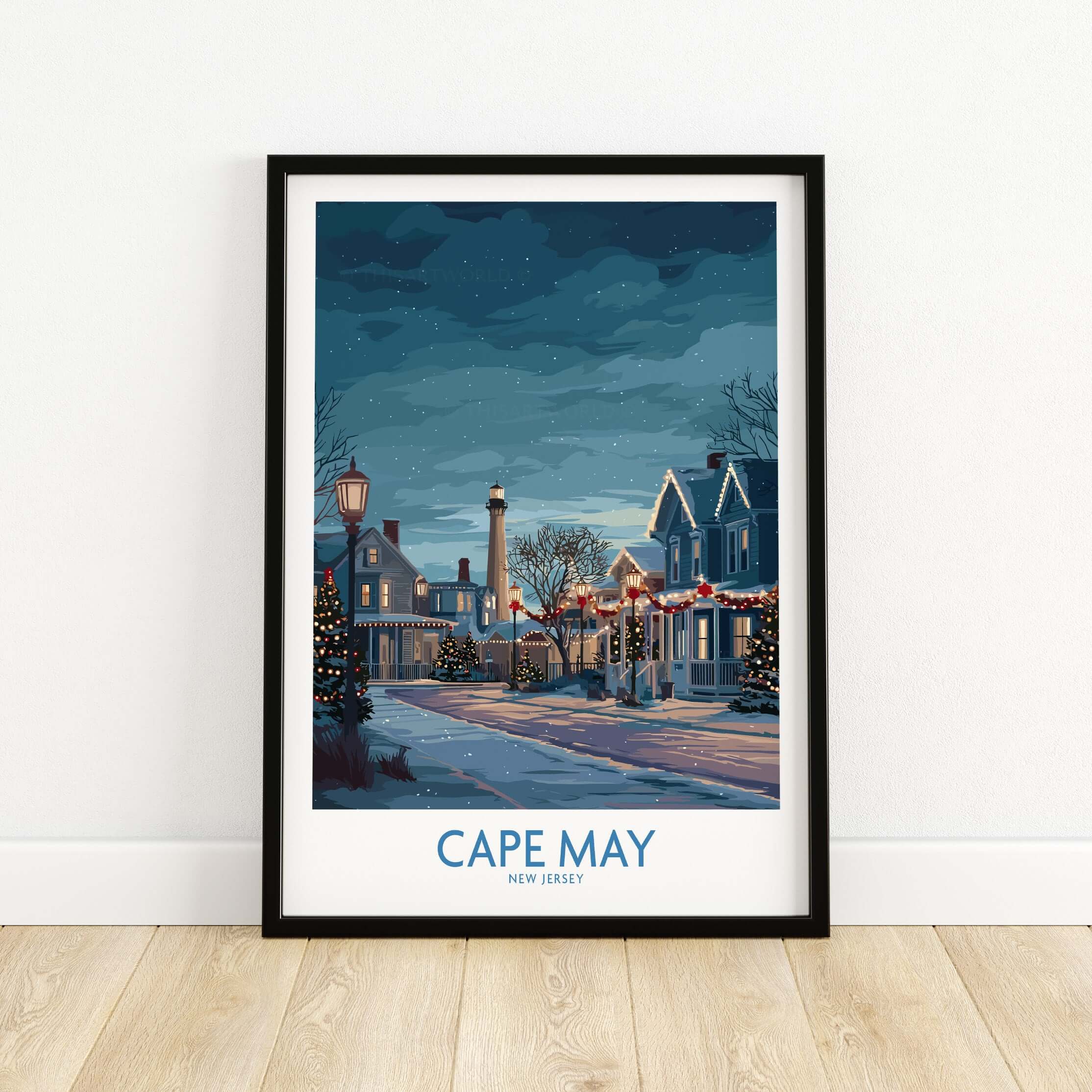 Cape May Christmas Lights Poster - Snowy Seaside Decor showcasing festive holiday street scene with snow.