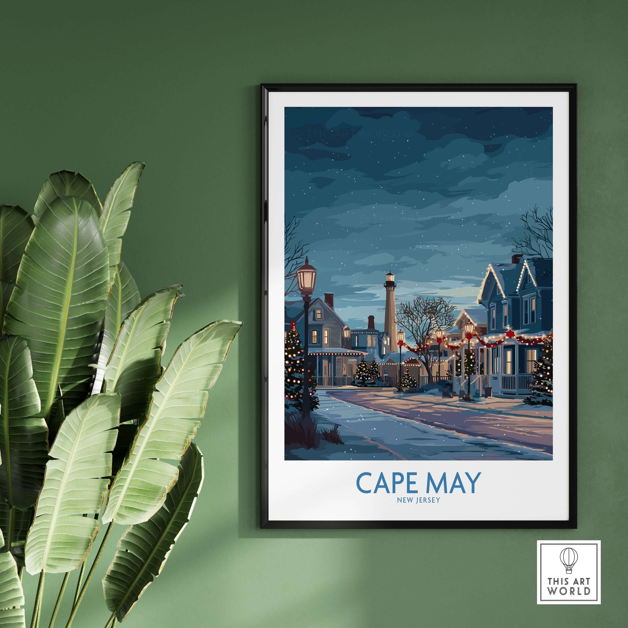 Cape May Christmas Lights Poster - Snowy Seaside Decor featuring a snowy street adorned with Christmas lights.
