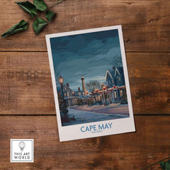 Cape May Christmas Lights Poster - Snowy Seaside Decor featuring a winter scene of Cape May, New Jersey.