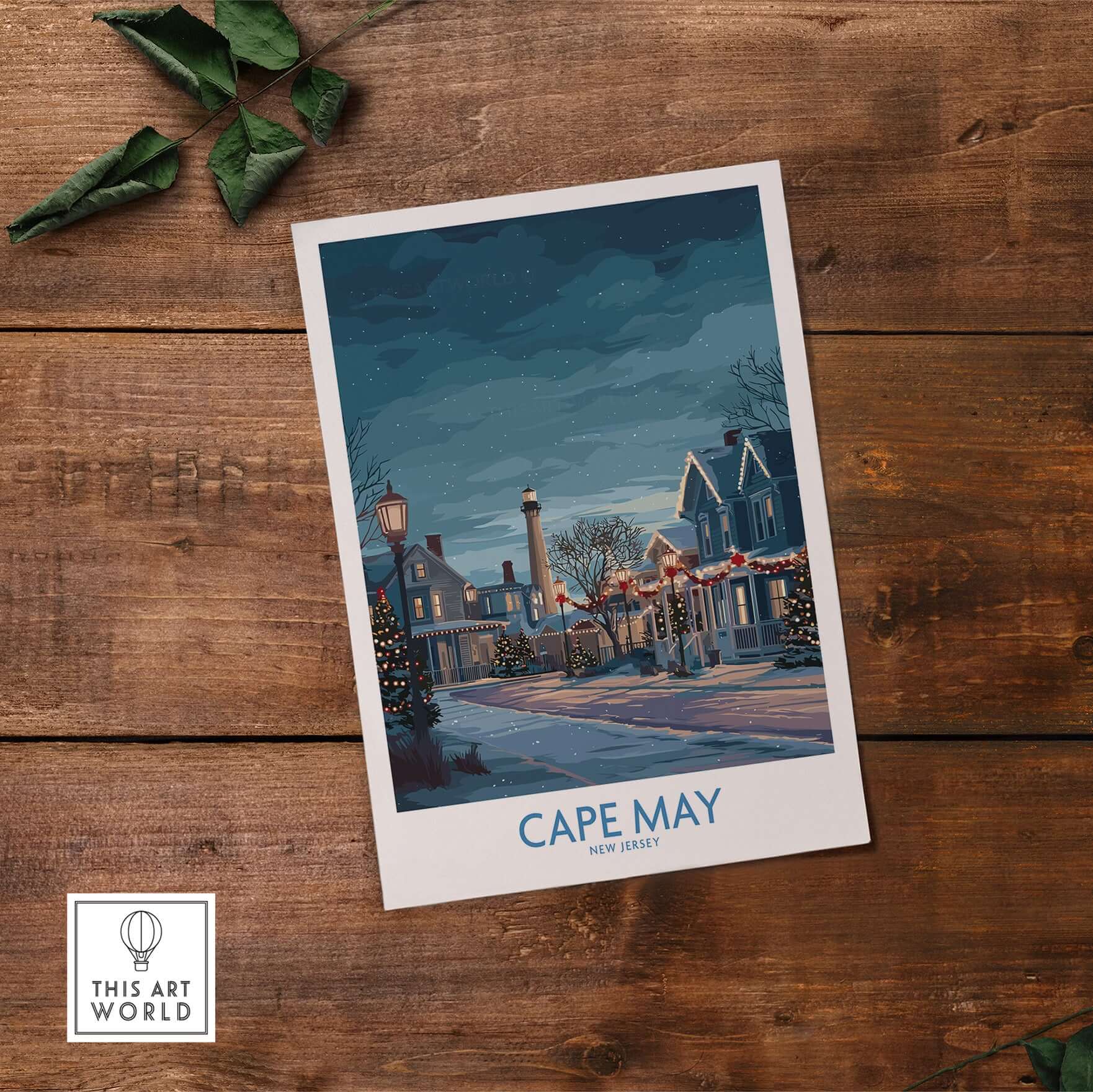 Cape May Christmas Lights Poster - Snowy Seaside Decor featuring a winter scene of Cape May, New Jersey.