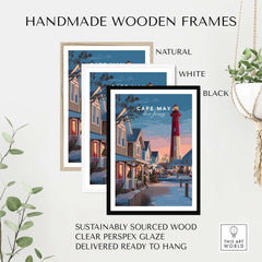 Cape May New Jersey Christmas Lights Wall Art Print displayed in handmade wooden frames in natural, white, and black.
