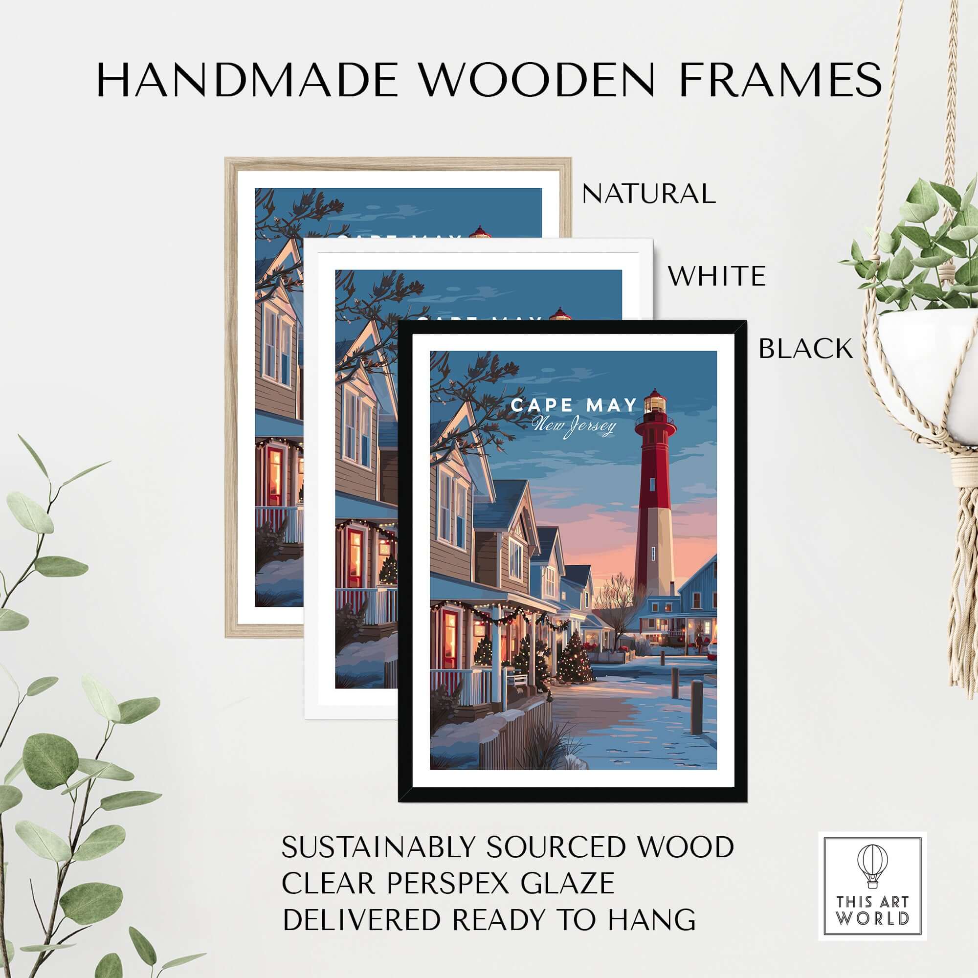 Cape May New Jersey Christmas Lights Wall Art Print displayed in handmade wooden frames in natural, white, and black.