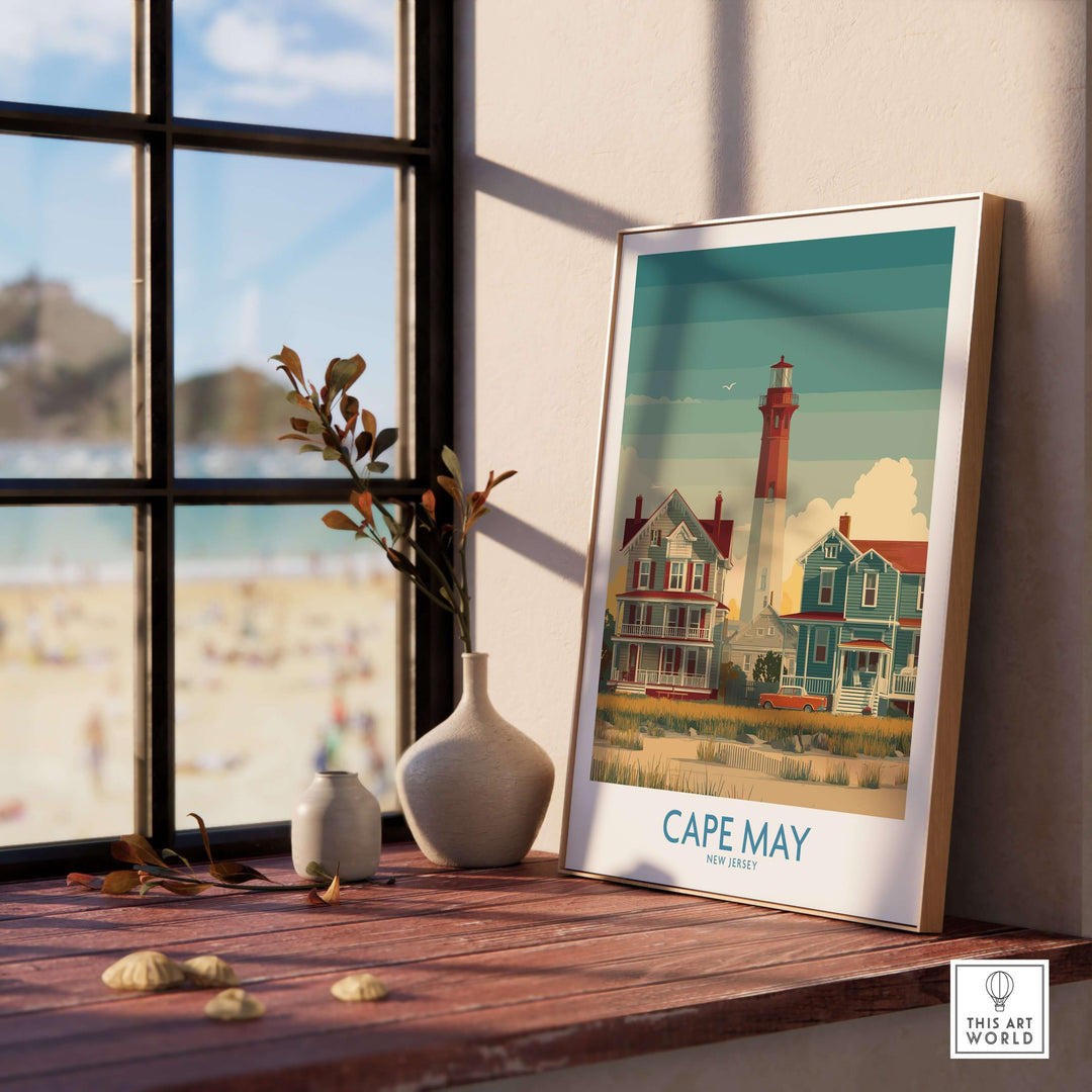 Cape May Historic District wall art displayed by a sunny window, showcasing coastal New Jersey decor.