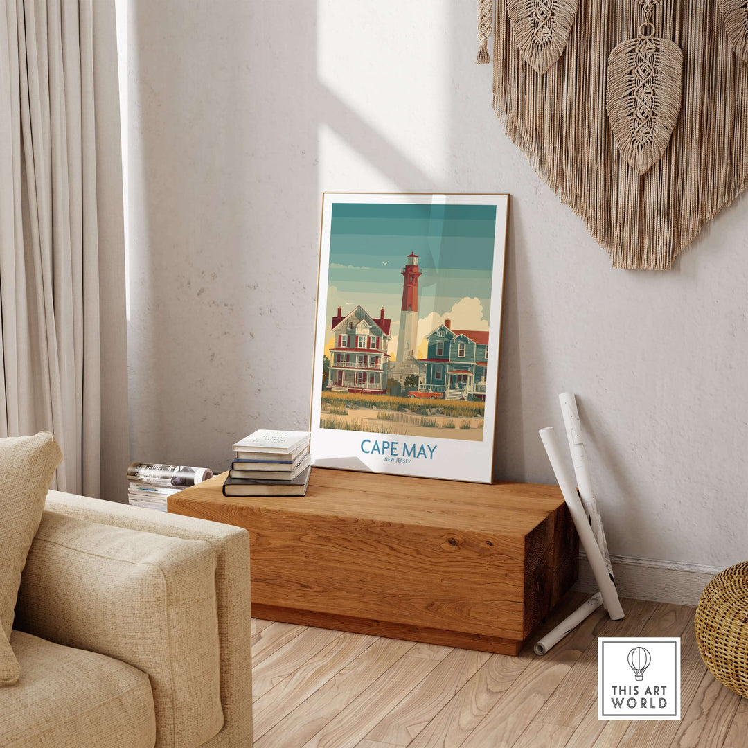 Cape May Historic District wall art featuring colorful houses and lighthouse in a coastal decor setting.