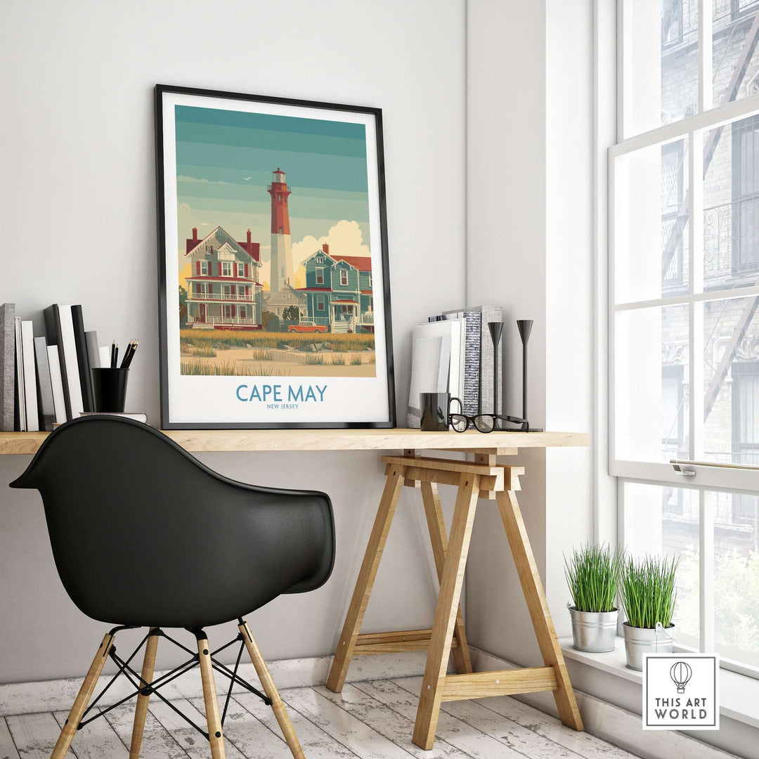 Cape May Historic District wall art in a stylish home office showcasing coastal New Jersey decor.