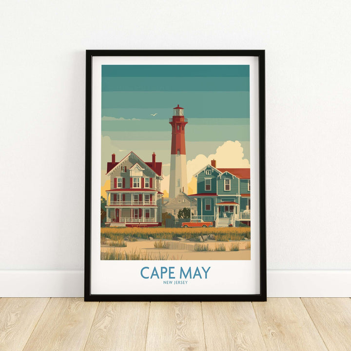 Cape May historic district wall art featuring colorful houses and lighthouse, perfect coastal decor for any home.