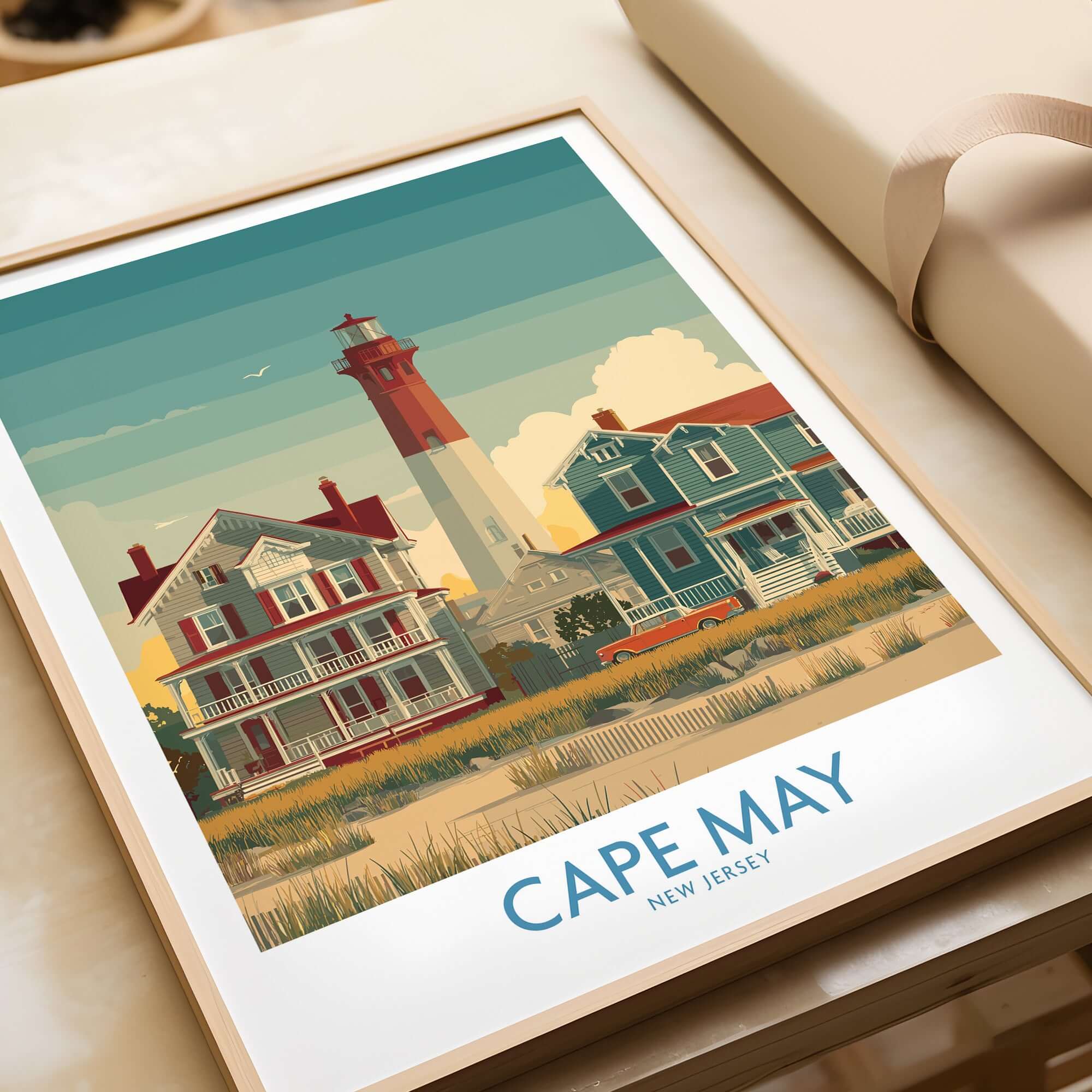 Cape May Historic District Wall Art - Coastal New Jersey Decor featuring a vibrant coastal scene with houses and a lighthouse.
