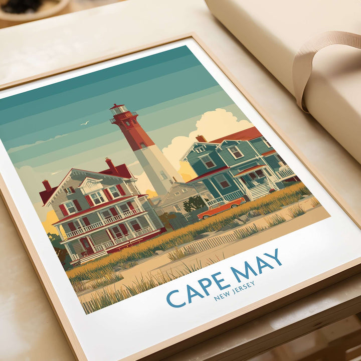 Cape May Historic District wall art featuring iconic lighthouse and Victorian houses, perfect coastal New Jersey decor.