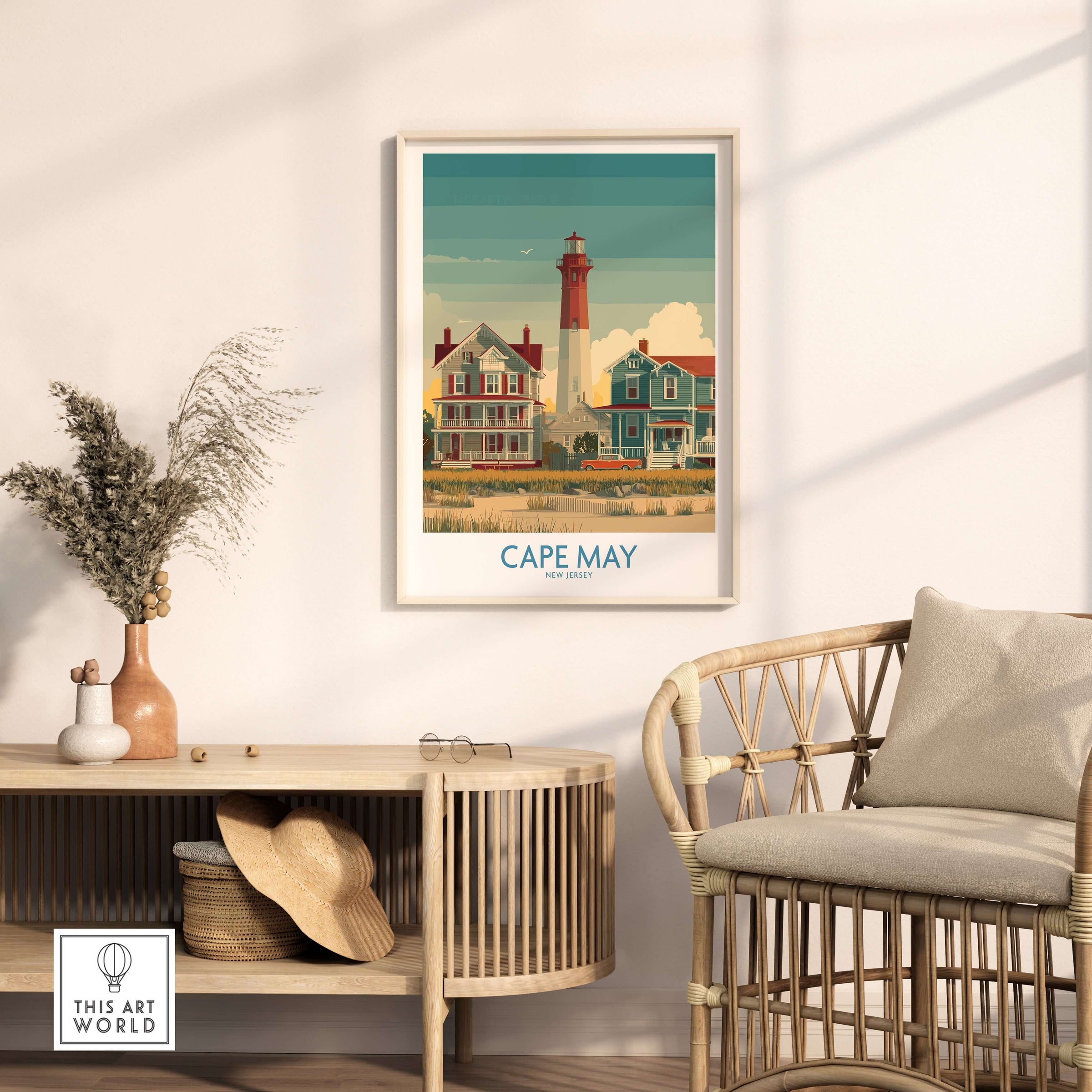 Cape May Historic District Wall Art - Coastal New Jersey Decor showcasing iconic coastal homes and the lighthouse.