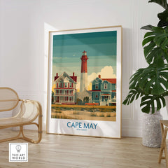 Cape May Historic District Wall Art - Coastal New Jersey Decor featuring a lighthouse and colorful homes.