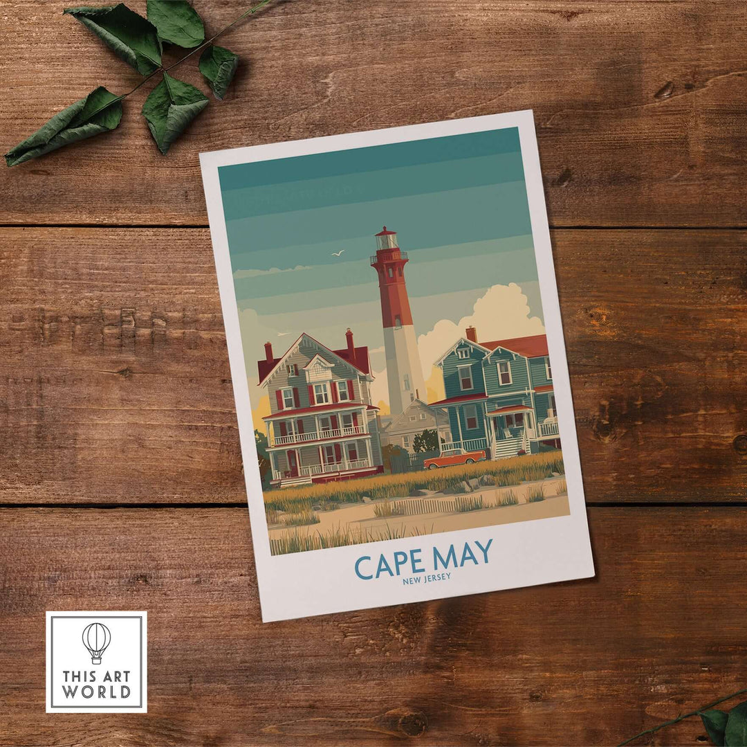 Cape May Historic District wall art featuring colorful houses and lighthouse, perfect for coastal New Jersey decor.