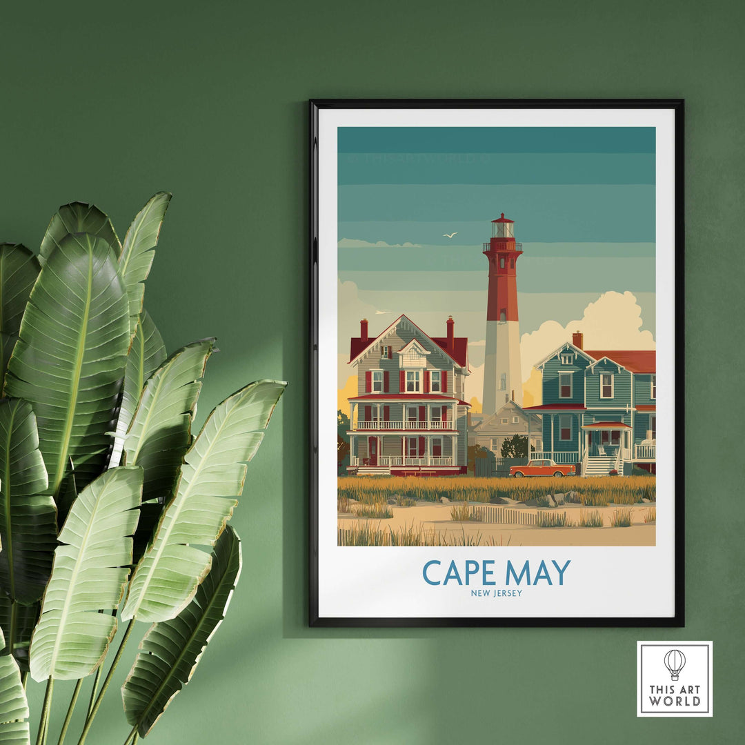 Cape May Historic District Wall Art showcasing coastal New Jersey homes and lighthouse, perfect for seaside decor.