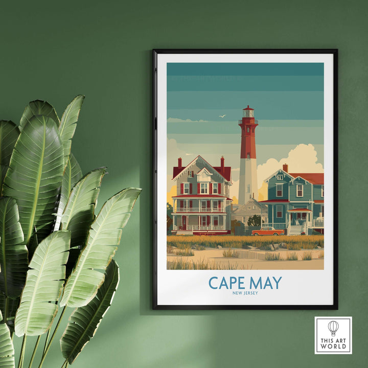 Cape May Historic District Wall Art showcasing coastal New Jersey homes and lighthouse, perfect for seaside decor.