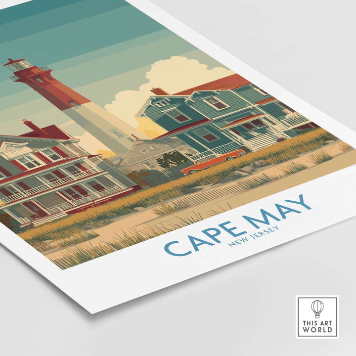 Cape May Historic District wall art featuring colorful coastal houses and a lighthouse, New Jersey decor.