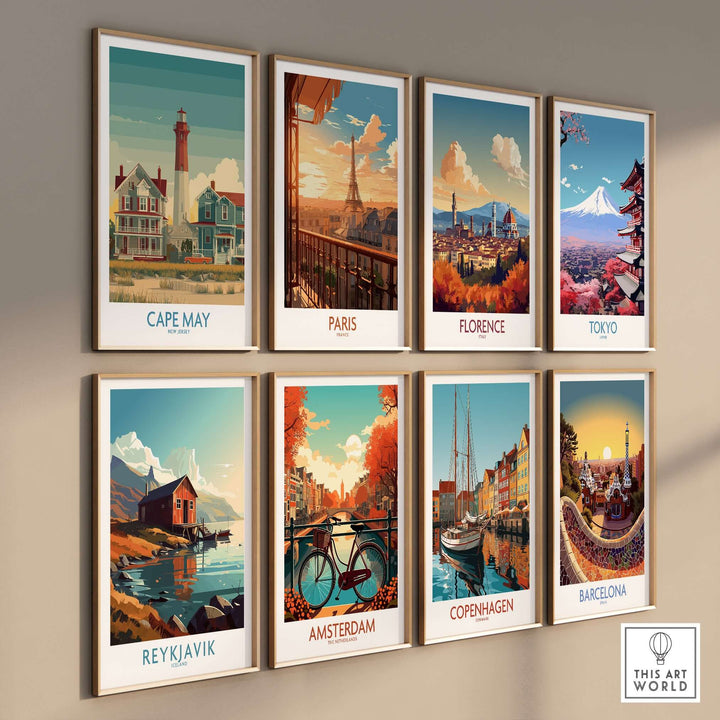 Colorful wall art prints featuring Cape May, Paris, Florence, Tokyo, Reykjavik, Amsterdam, Copenhagen, and Barcelona.