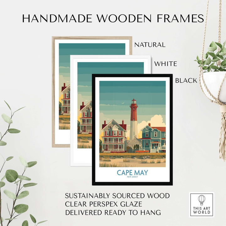 Handmade wooden frames in natural, white, and black for Cape May coastal wall art, sustainably sourced and ready to hang.