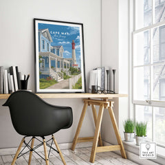 Cape May New Jersey Beach Houses Poster - Coastal Living Wall Art displayed in a cozy home office setting.
