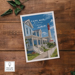 Cape May New Jersey Beach Houses Poster - Coastal Living Wall Art featuring charming beach houses and a lighthouse.