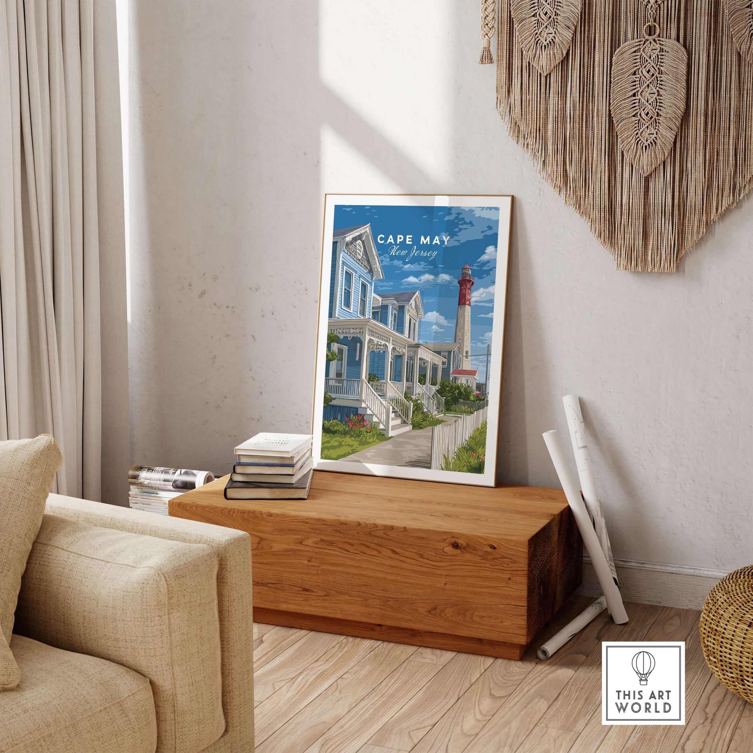 Cape May New Jersey Beach Houses Poster - Coastal Living Wall Art displayed in a cozy living room setting.
