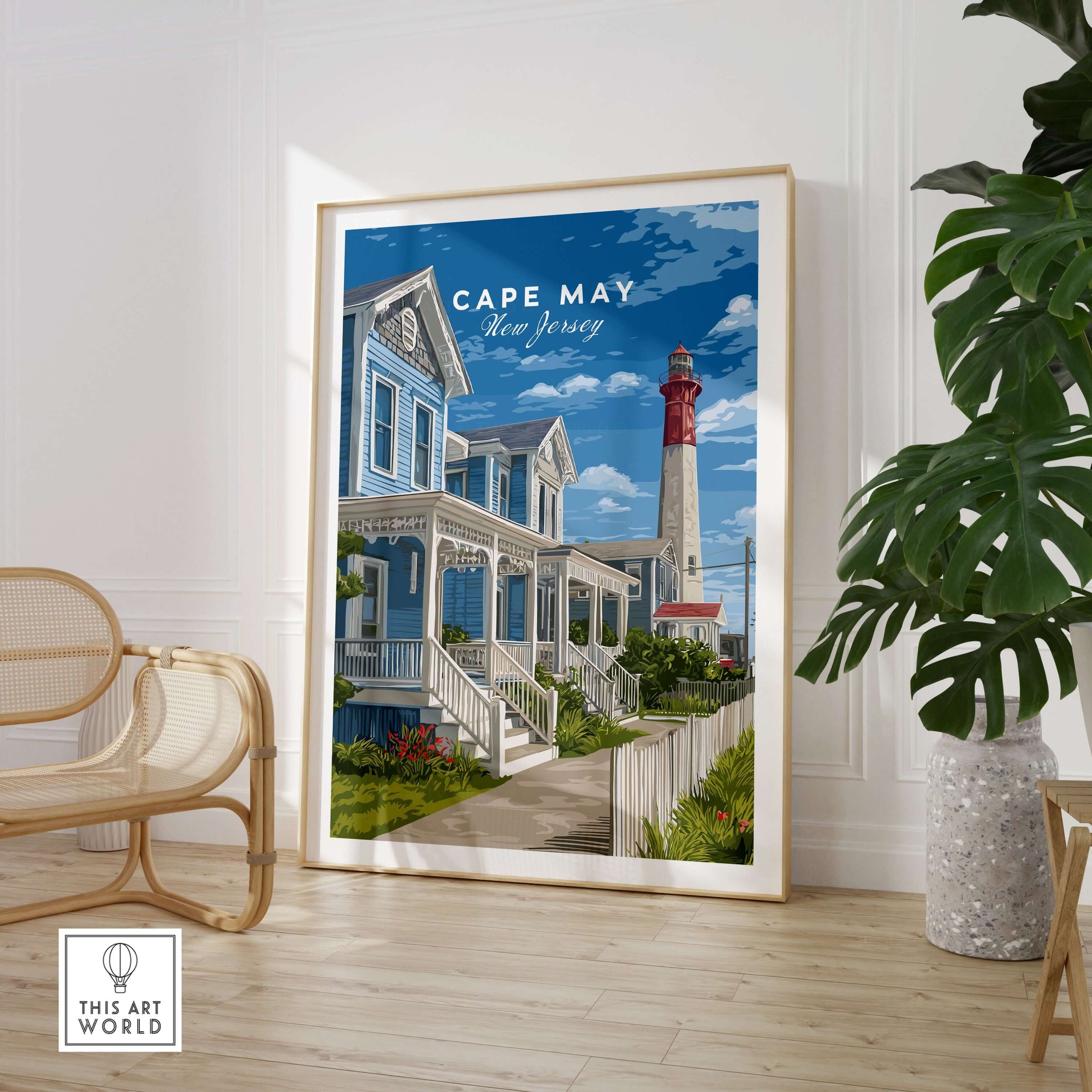 Cape May New Jersey Beach Houses Poster - Coastal Living Wall Art in a stylish interior setting.