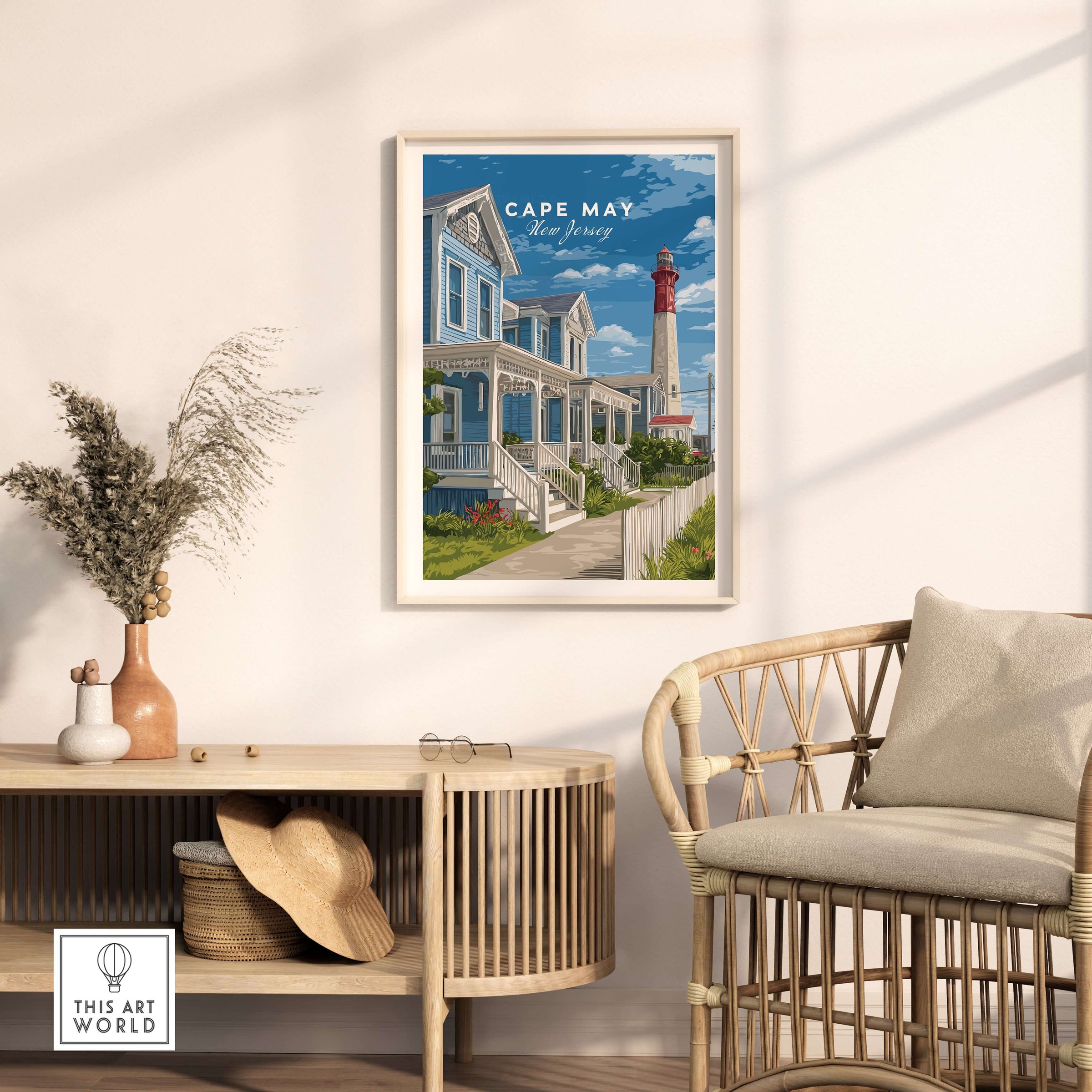 Cape May New Jersey Beach Houses Poster - Coastal Living Wall Art displayed in a stylish living room setting.
