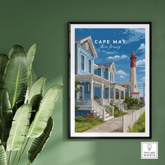 Cape May New Jersey Beach Houses Poster - Coastal Living Wall Art framed on a green wall with plants.