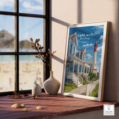 Cape May New Jersey Beach Houses Poster - Coastal Living Wall Art displayed on a windowsill with beach view.