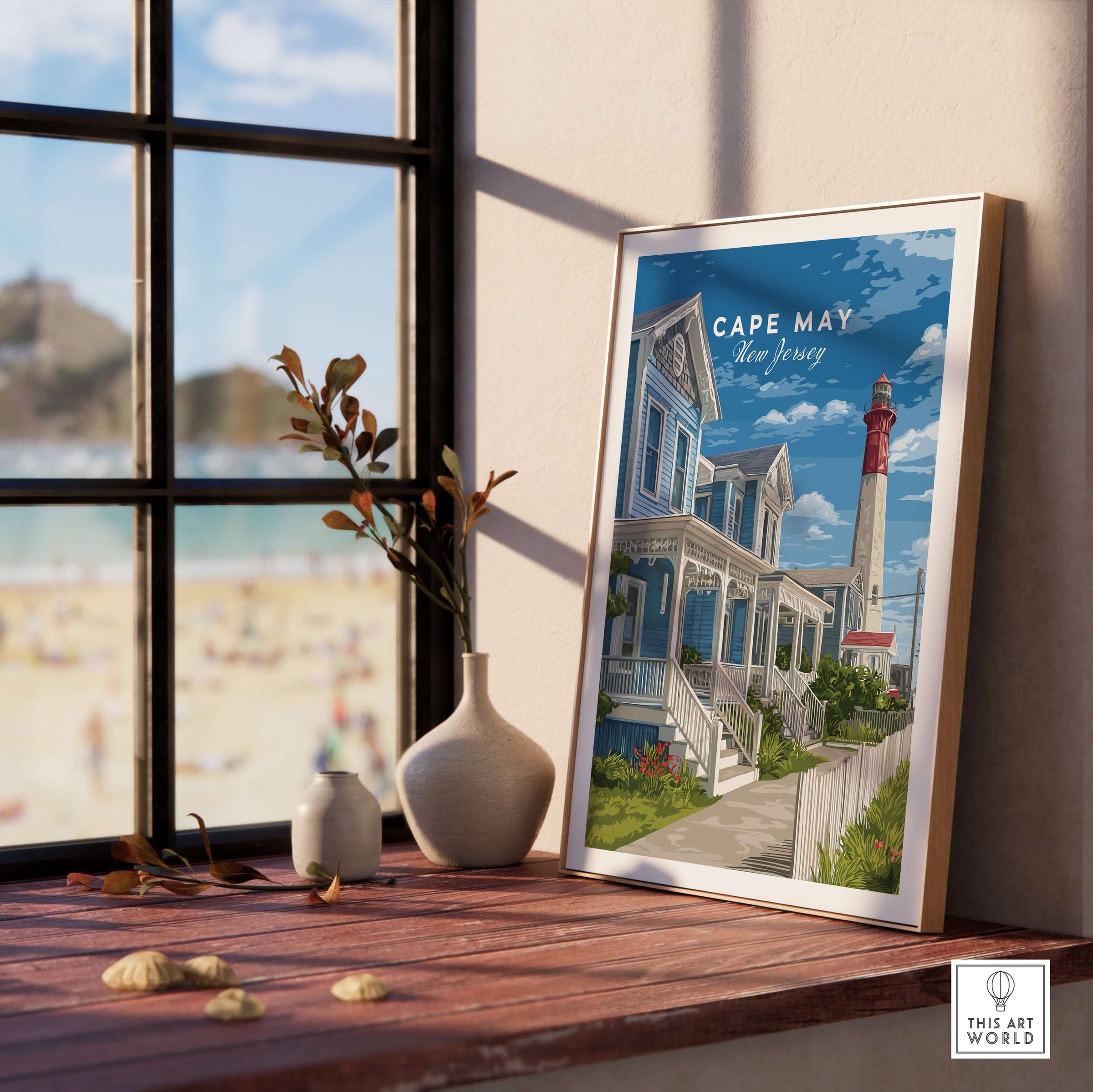 Cape May New Jersey Beach Houses Poster - Coastal Living Wall Art displayed on a windowsill with beach view.