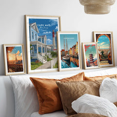 Cape May New Jersey Beach Houses Poster - Coastal Living Wall Art displayed in a stylish home decor setting with other travel posters.