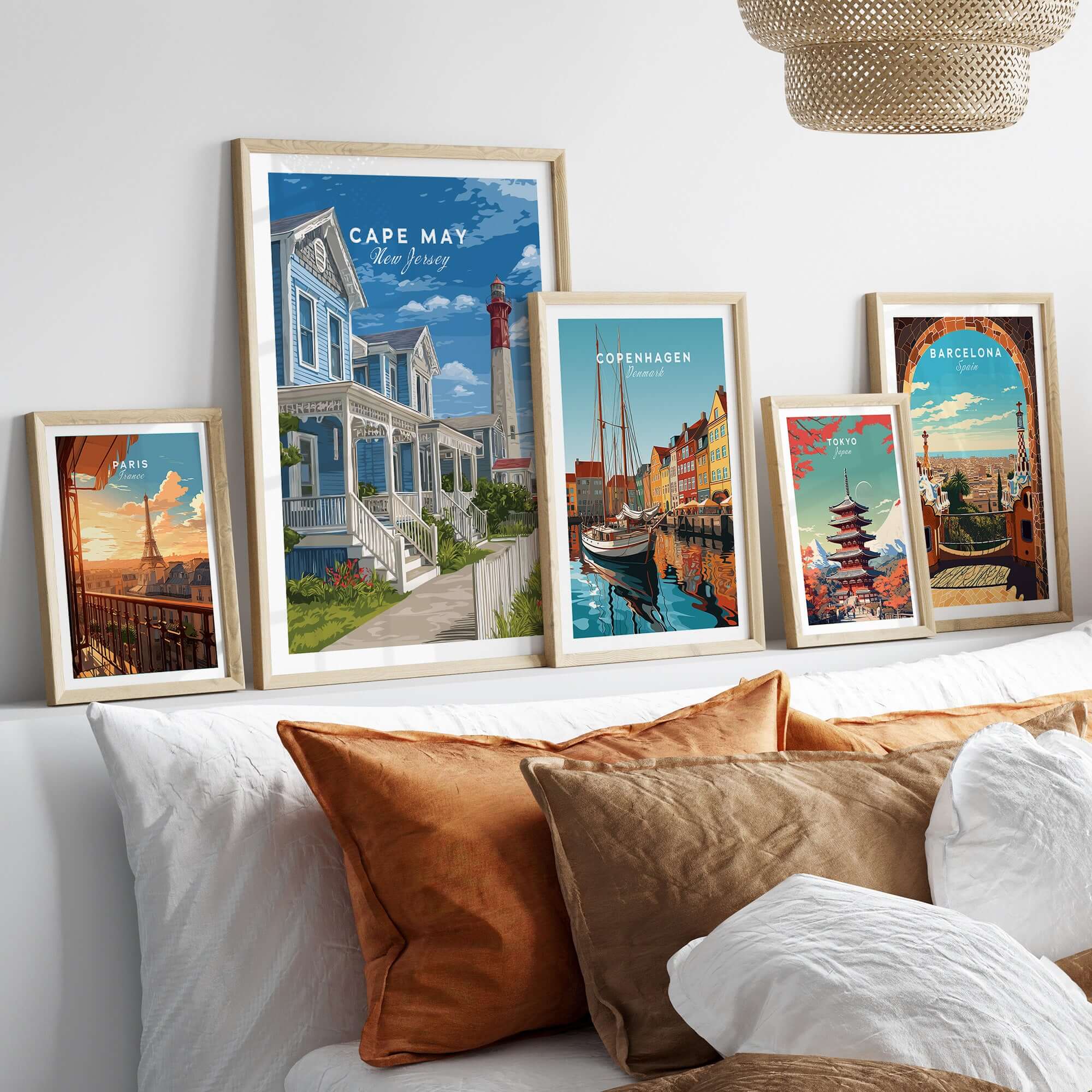 Cape May New Jersey Beach Houses Poster - Coastal Living Wall Art displayed in a stylish home decor setting with other travel posters.