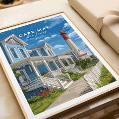 Cape May New Jersey Beach Houses Poster - Coastal Living Wall Art featuring charming coastal houses and a lighthouse.
