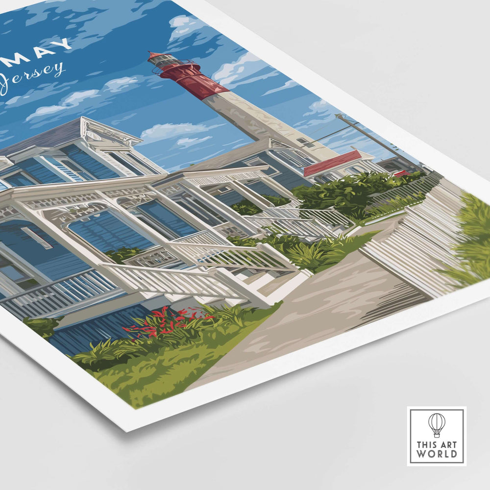 Cape May New Jersey Beach Houses poster featuring a lighthouse and coastal architecture, perfect for coastal living wall art.