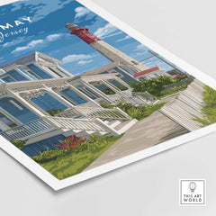 Cape May New Jersey Beach Houses Poster - Coastal Living Wall Art featuring a charming lighthouse and beach houses.