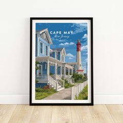 Cape May New Jersey Beach Houses Poster - Coastal Living Wall Art featuring charming beach houses and lighthouse.