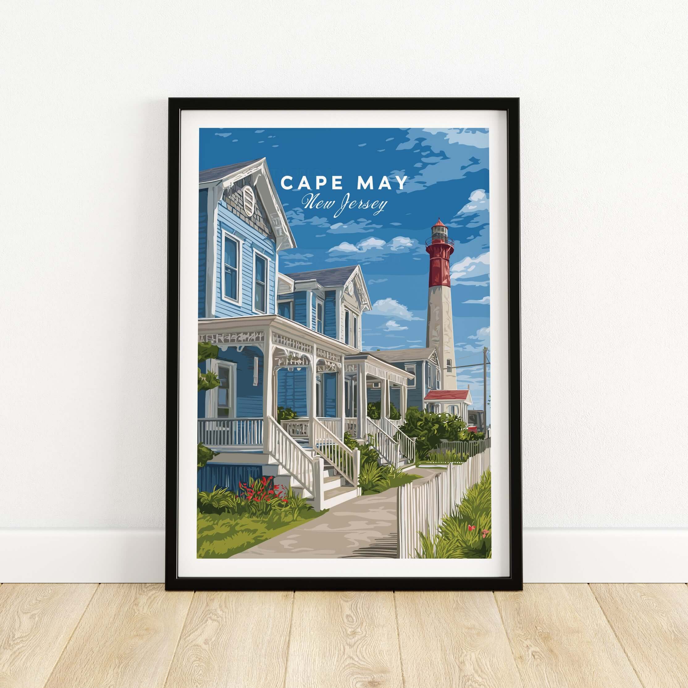 Cape May New Jersey Beach Houses Poster - Coastal Living Wall Art featuring charming beach houses and lighthouse.