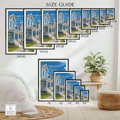 Cape May New Jersey Beach Houses Poster - Coastal Living Wall Art size guide with various frame sizes.