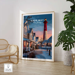Cape May New Jersey Christmas Lights Wall Art Print displayed in a modern living room with a lighthouse and holiday decor.