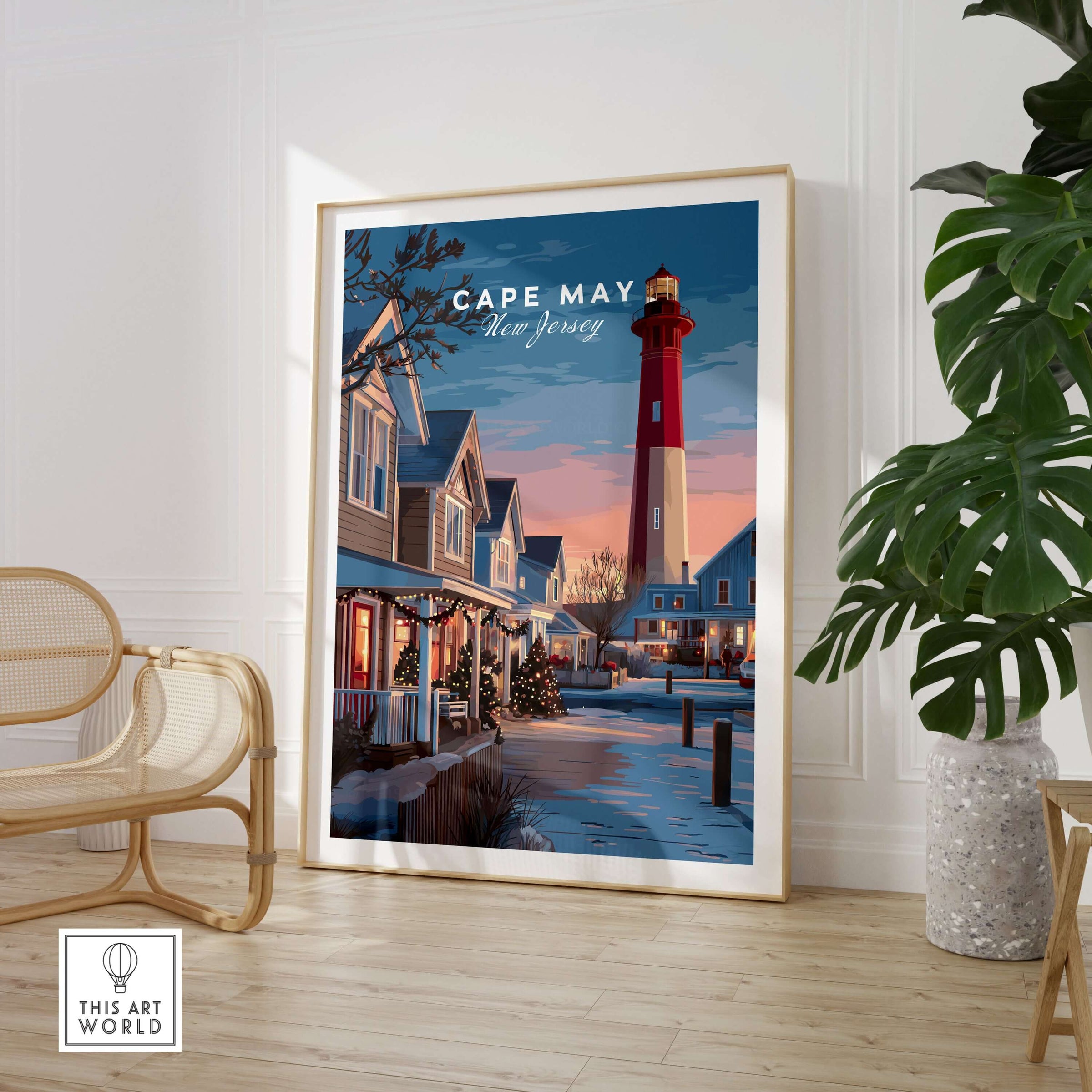 Cape May New Jersey Christmas Lights Wall Art Print displayed in a modern living room with a lighthouse and holiday decor.