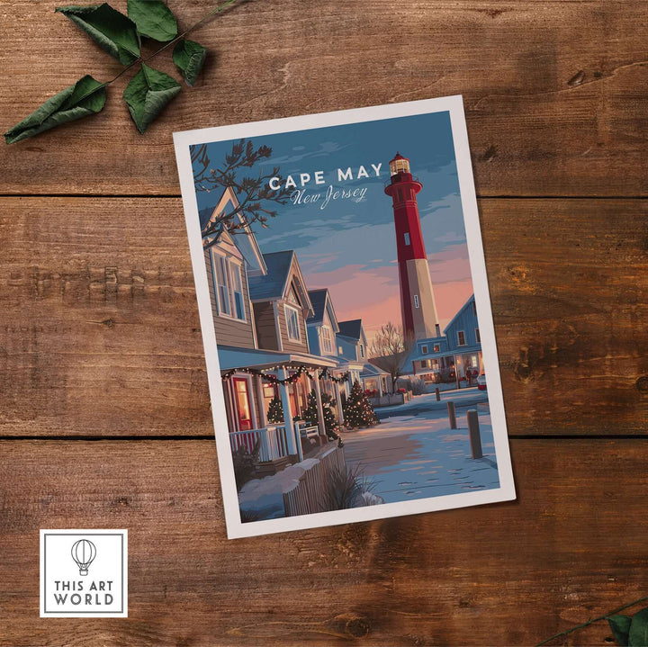 Cape May New Jersey Christmas lights wall art print showcasing a lighthouse and festive homes in a winter scene.
